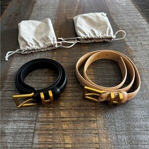 NWT Women's 2 Pack Metal Buckle Leather Belt with Jeans Dress Black Beige 25-33”